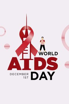 the world aids day poster with a man standing on top of a giant red ribbon