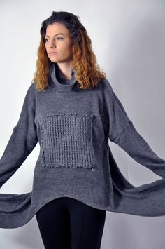 "Winter Wool Sweater, Dark Gray Sweater, Women Sweater, Warm and cozy sweater. Your winter days will be made easier with this practical loose sweater. With it you will feel very free. It is easy to combine. It is made of woolen knitting with an applique of woolen knitting. Unique and comfortable. ✂ Fabric: 100% wool Care - Hand wash , 30 Degree ◾ The style I used was originally designed and professionally constructed by me. Each item of my shop is specially packaged with a lot of concern! Handma Cozy Knit Sweater With Funnel Neck, Soft Knit Funnel Neck Sweater For Cold Weather, Chunky Knit Long Sleeve Turtleneck For Layering, Casual Chunky Knit Funnel Neck Sweater, Casual Funnel Neck Chunky Knit Sweater, Funnel Neck Soft Knit Sweater For Cold Weather, Cold Weather Funnel Neck Soft Knit Sweater, Cozy Chunky Knit Top For Layering, Cozy Fit Soft Knit Funnel Neck Sweater