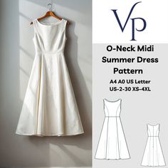 a white dress hanging on a wall next to the words, o - neck midi summer dress pattern