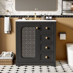 a bathroom with a sink, mirror and black cabinet in the middle of the floor