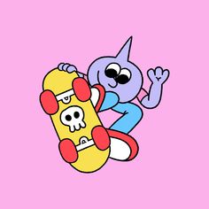 a cartoon character is riding a skateboard with a skull on the bottom and arms