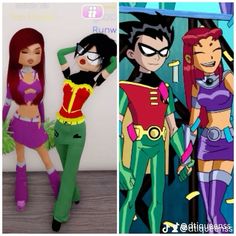 three different cartoon characters are shown in the same photo, one is wearing green pants and the other has red hair