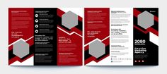 a red and black tri fold brochure with geometric shapes on the front cover