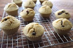 several muffins cooling on a wire rack with chocolate chips in the top one