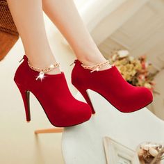 the shoes are to die for. not quite so sure about the anklets Suede High Heels, Red High Heels, High Heel Boots Ankle, Red High, Platform High Heels, Fashion High Heels, High Heels Stilettos