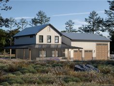 a rendering of a two story house in the middle of a field with grass and trees