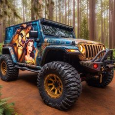 a jeep with an image of the lion king on it's side is parked in front of some trees