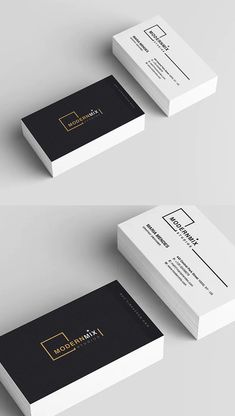 two white and black business cards with gold logo on the bottom one is for an interior design firm