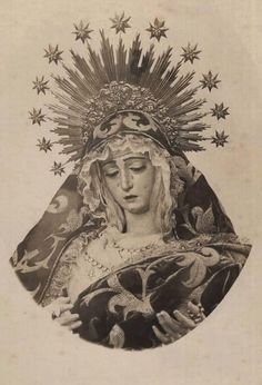 an image of the virgin mary with stars on her head and hands, in black and white