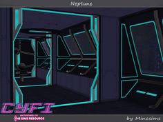 the interior of a futuristic ship with neon blue lights and black walls, as well as an open door that leads to another room