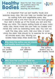 the healthy bodies worksheet is shown in blue and white with an image of people eating