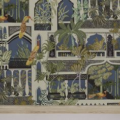 the wallpaper is decorated with tropical plants and birds