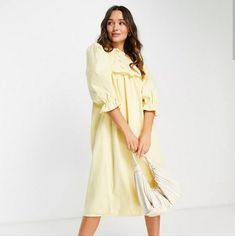 Lost Ink Scallop Detail Midi Smock Dress In Lemon Yellow Brand New With Tags Spring Smock Peasant Dress For Brunch, Spring Peasant Dress For Daywear, Spring Smocked Peasant Dress For Daywear, Yellow Smock Dress For Spring, Yellow Smock Dress For Brunch, Spring Smock Midi Dress For Day Out, Lemon Yellow Color, Midi Smock Dress, Stretchy Bodycon Dress