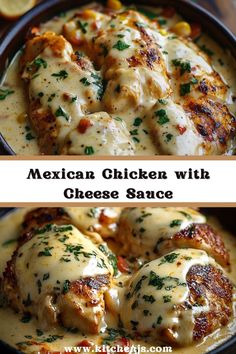 mexican chicken with cheese sauce in a skillet