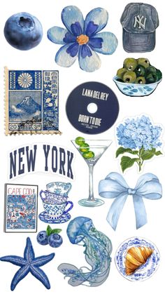 the new york postcard features blue and white items, including an umbrella, a flower,