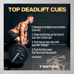 a man squats with the words top deadlift cues in front of him