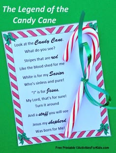 the legend of the candy cane poem is displayed on a green background with an ornament