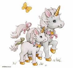 two unicorns are standing next to each other with flowers on their heads and one has a bow around its neck