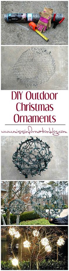 four different christmas ornaments with the words diy outdoor christmas ornaments