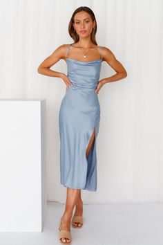 Length from bust to hem of size S: 115cm. Blue midi dress. Lined. Cold hand wash only. Model is a standard XS and is wearing size XS. True to size. Lightweight, non-stretchy woven burnout satin fabric. Adjustable lace-up back. Invisible back zipper. Polyester. Our Drinks On Me Midi Dress screams vibes whenever you wear it! Exuding elegance from dusk to dawn, this sophisticated gown features a satin finish, a cowl neckline, and our favourite lace-up back. If you're attending the Spring Carnival o Elegantes Party Outfit, Midi Dress Blue, Marine Uniform, Semi Formal Dresses, Grad Dresses, Wedding Formal, Guest Dress, Dresses To Wear To A Wedding, Blue Midi Dress