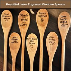 six wooden spoons with engraved words on them