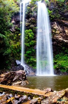 a large waterfall in the middle of a forest