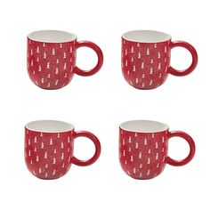 four red and white coffee mugs with trees printed on the front, one is empty