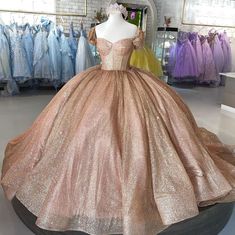 Champagne Sparkle Ball Gown Off-the-Shoulder Short Sleeves Quinceanera Dress Rose Gold Champagne Quinceanera Dresses, Rose Gold Xv Dresses, Xv Dresses Pink, Rose Gold Quince Dresses, Sparkly Ball Gown, Champagne Quinceanera Dresses, Dress Sweet 16, Xv Dresses, Quinceanera Themes Dresses