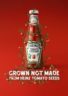 a bottle of heinzz tomato ketchup sitting on top of a red background