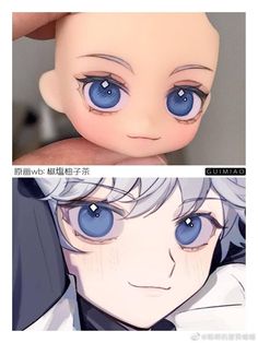 two pictures with blue eyes and one has an anime character's face on it