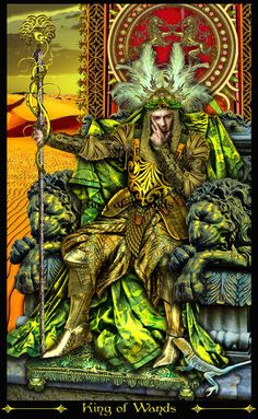 the king of wands tarot card with an image of a man sitting on a throne