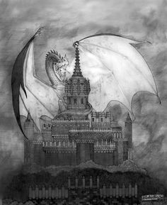 a drawing of a dragon flying over a castle