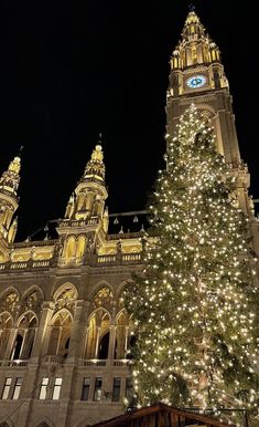 a large christmas tree in front of a tall building with lights on it's sides