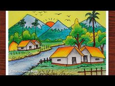 a drawing of houses and mountains with trees in the foreground, on a wooden surface