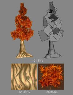 three dimensional renderings of an orange tree in various stages of growth, from top to bottom