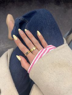 Spring nails, french tip, nail design, butter yellow, nail art Lux Nails Design, Yellow French Tips Nails, Butter Yellow French Tips, Butter Yellow Nails With Design, Nails To Go With Yellow Dress, Baby Yellow Nails Design, Yellow Nails French Tip, Butter Yellow Nails, Yellow Tip Nails