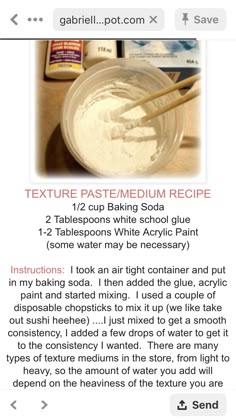 the recipe for texture paste is displayed on an iphone screen, and it appears to be made from scratchsticks