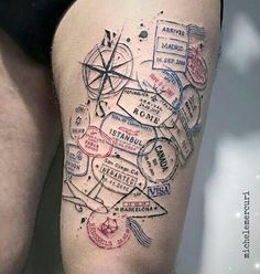 a man's thigh with various stamps on it and the wording below him