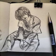 a pencil drawing of a person sitting down with a guitar in his lap and another pen next to it