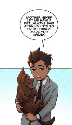 a man in a suit holding a dog with a speech bubble above it that says, mother never pet me have a pet always so living things we's weak