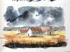 watercolor painting of an old farm with storm clouds in the background and grass on the foreground