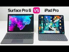 two laptops sitting next to each other on top of a white table with the words surface pro 6 vs ipad pro