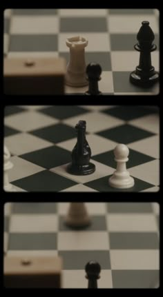 three different shots of chess pieces on a checkerboard board, with one black and white pawn facing the other