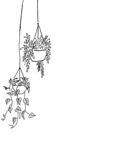 a black and white drawing of a hanging planter