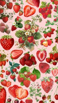 an image of strawberries and other fruits on pink background with green leaves, flowers, and berries