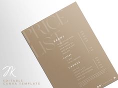 a brochure with the words price list displayed on it's front cover