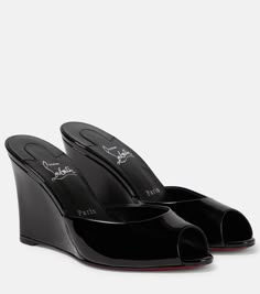 Me Dolly Zeppa Patent Leather Sandals in Black - Christian Louboutin | Mytheresa Black Wedges Heels, Louboutin Me Dolly, Dolce And Gabbana Shoes, Black Wedge Heels, Wedged Heel, Louboutin Online, Dr Shoes, Wedges Heels, Christian Louboutin Heels