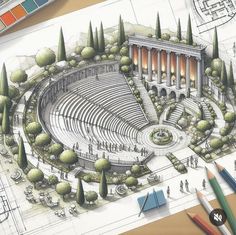 an artist's rendering of a roman amphith with trees and people around it