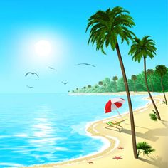 a tropical beach scene with palm trees and an umbrella on the sand near the ocean