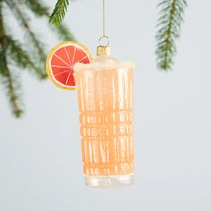 a christmas ornament hanging from a tree with a grapefruit in it